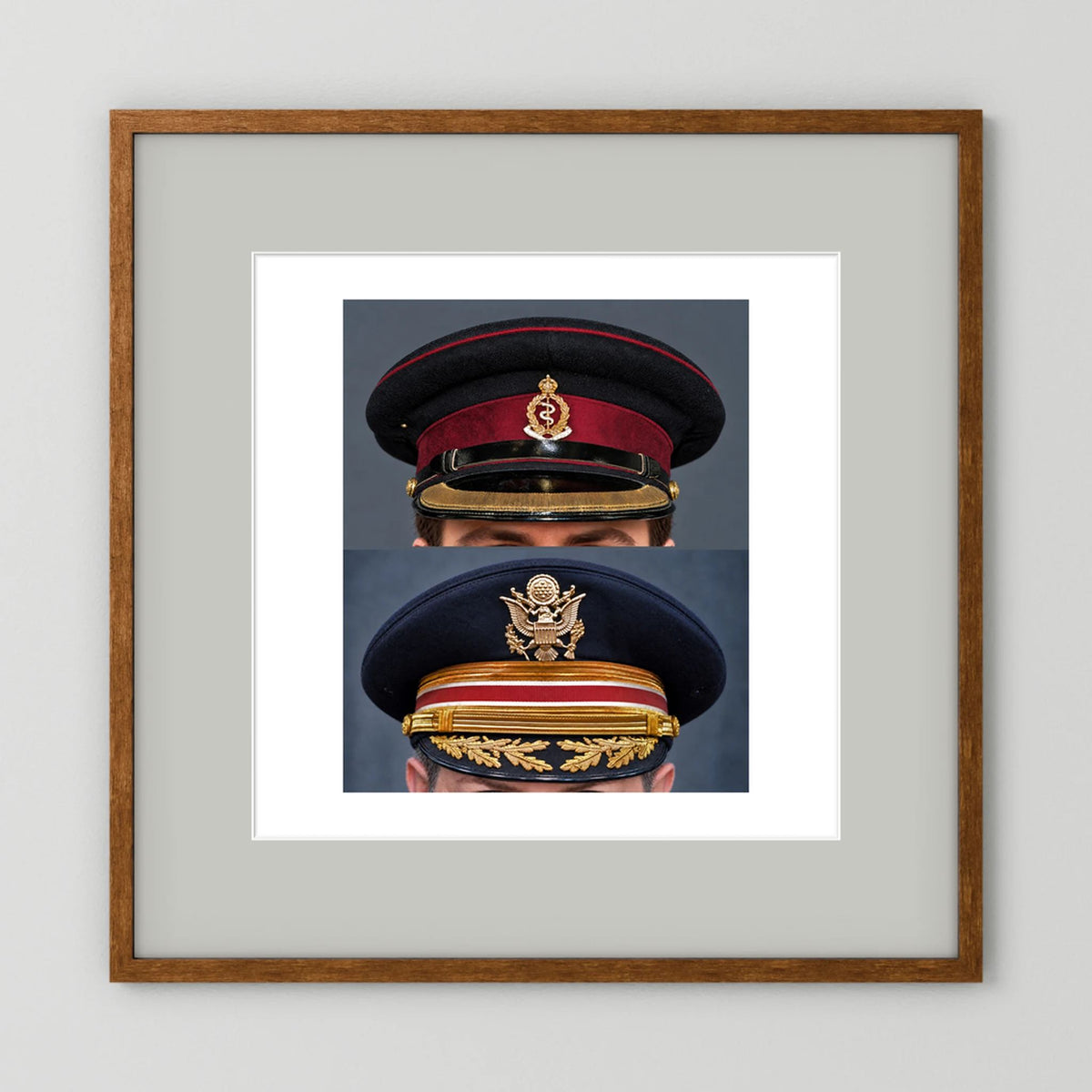 Composite image showing Royal Army Medical Corps Dress WWII and US Army Medical Department Dress Cap Post War