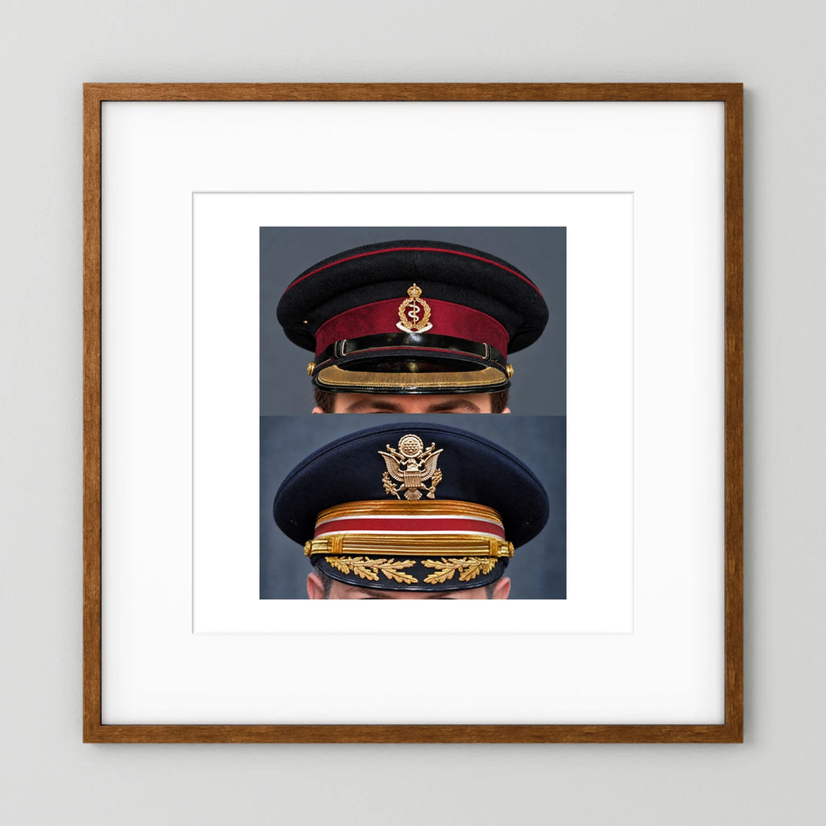 Composite image showing Royal Army Medical Corps Dress WWII and US Army Medical Department Dress Cap Post War