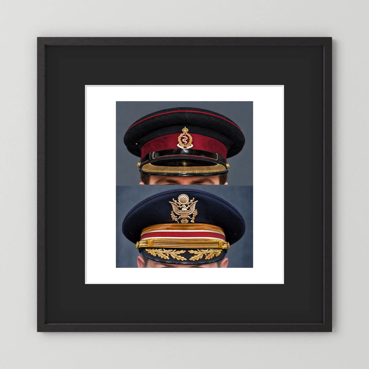 Composite image showing Royal Army Medical Corps Dress WWII and US Army Medical Department Dress Cap Post War