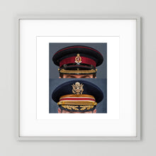 Composite image showing Royal Army Medical Corps Dress WWII and US Army Medical Department Dress Cap Post War