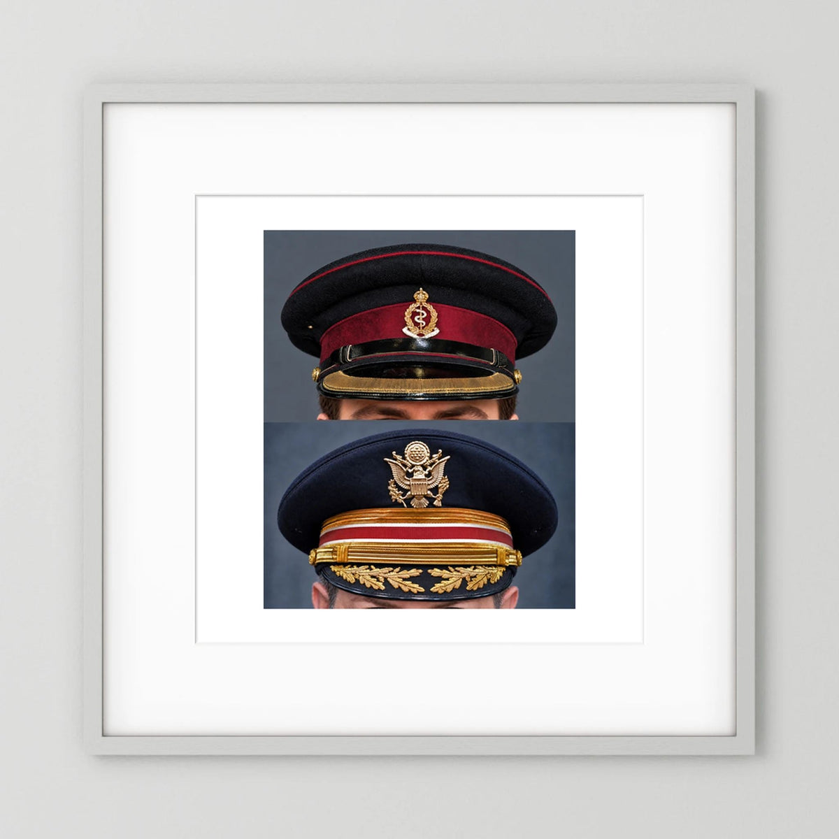 Composite image showing Royal Army Medical Corps Dress WWII and US Army Medical Department Dress Cap Post War