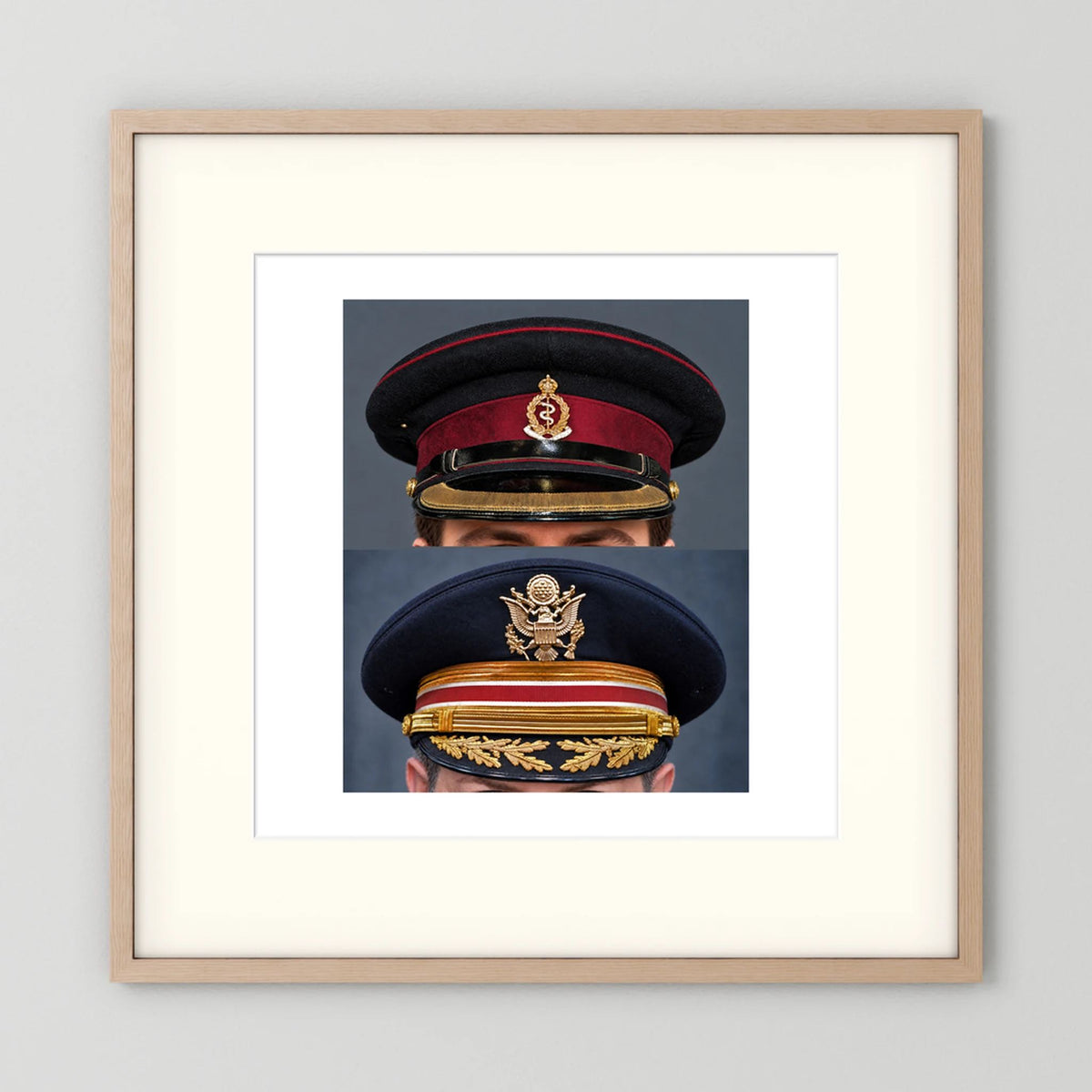 Composite image showing Royal Army Medical Corps Dress WWII and US Army Medical Department Dress Cap Post War