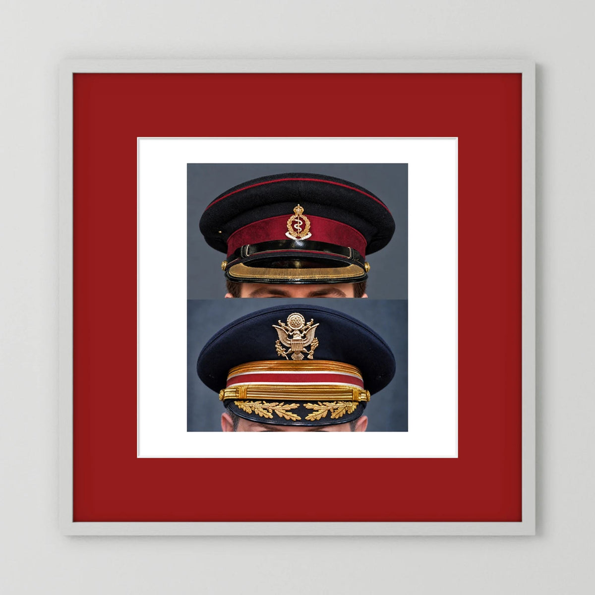 Composite image showing Royal Army Medical Corps Dress WWII and US Army Medical Department Dress Cap Post War