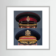 Composite image showing Royal Army Medical Corps Dress WWII and US Army Medical Department Dress Cap Post War