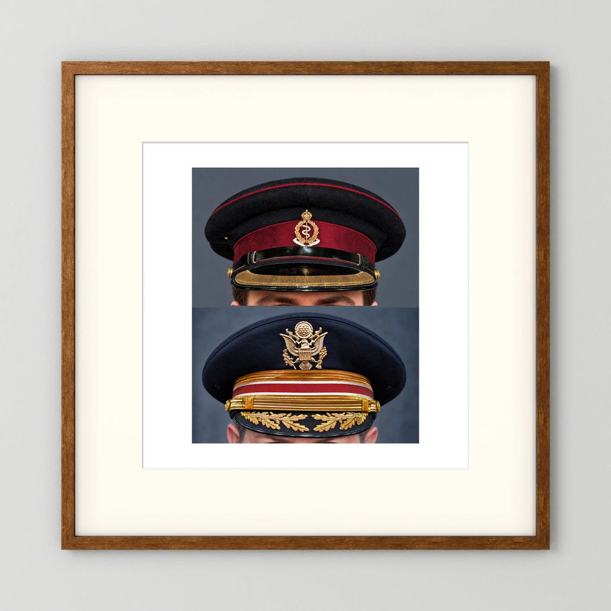 Composite image showing Royal Army Medical Corps Dress WWII and US Army Medical Department Dress Cap Post War
