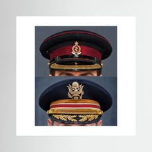 Composite image showing Royal Army Medical Corps Dress WWII and US Army Medical Department Dress Cap Post War