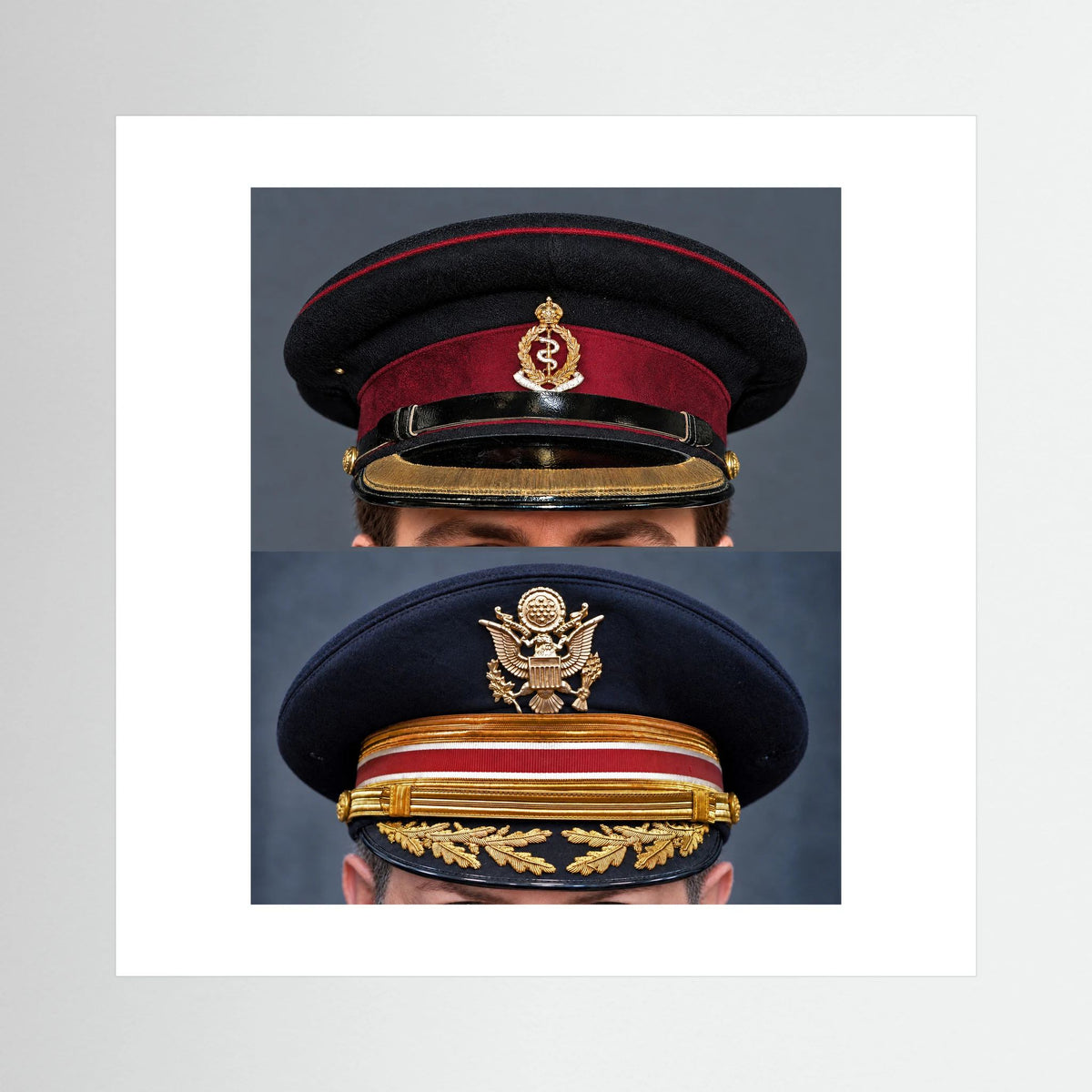 Composite image showing Royal Army Medical Corps Dress WWII and US Army Medical Department Dress Cap Post War