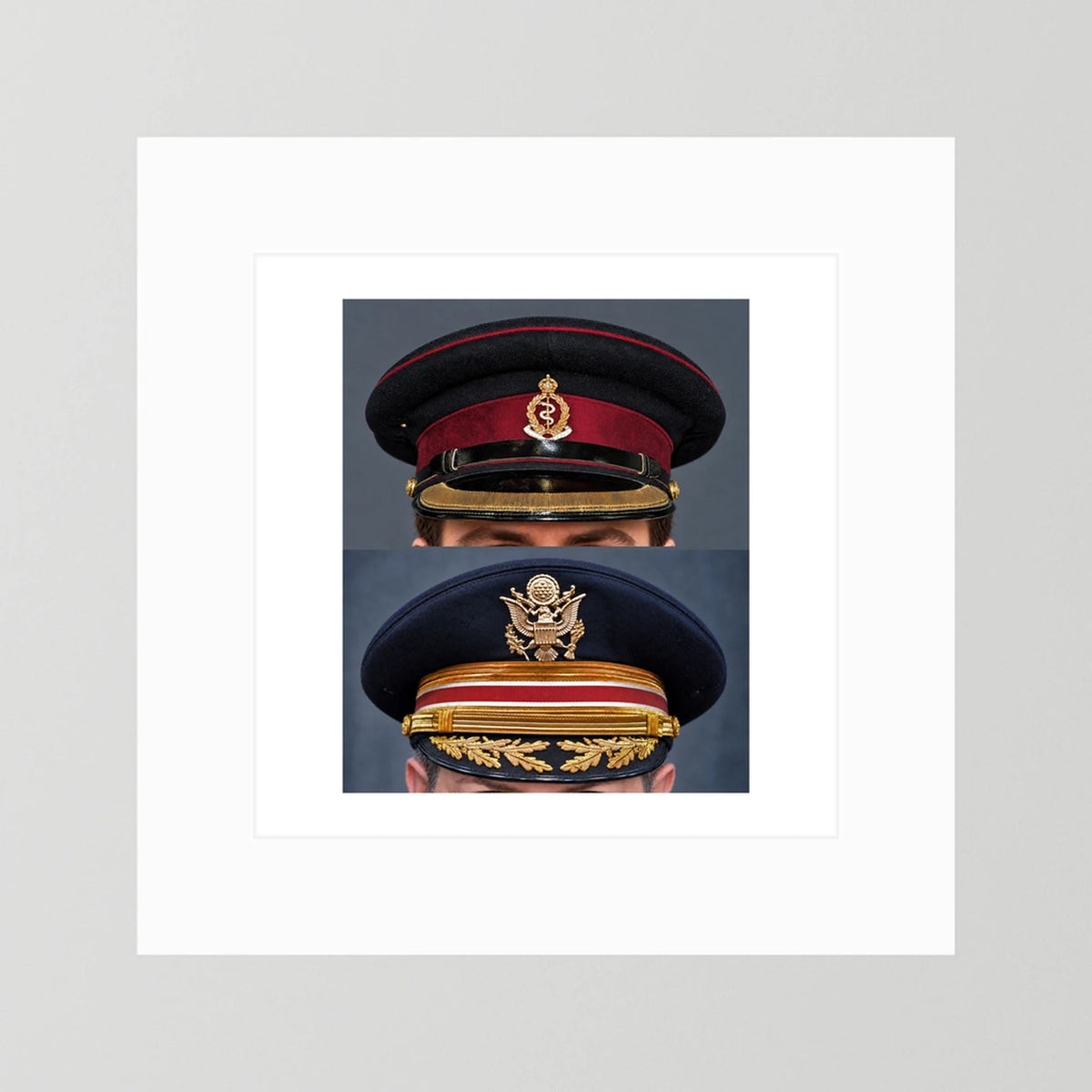 Composite image showing Royal Army Medical Corps Dress WWII and US Army Medical Department Dress Cap Post War