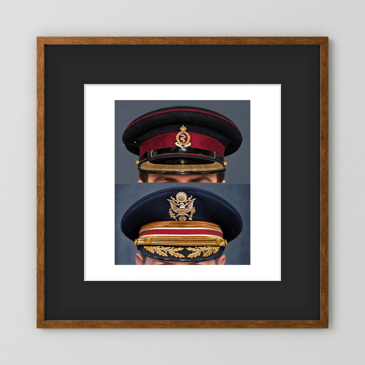Composite image showing Royal Army Medical Corps Dress WWII and US Army Medical Department Dress Cap Post War