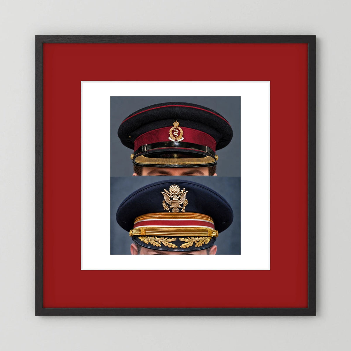 Composite image showing Royal Army Medical Corps Dress WWII and US Army Medical Department Dress Cap Post War