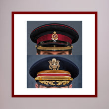 Composite image showing Royal Army Medical Corps Dress WWII and US Army Medical Department Dress Cap Post War