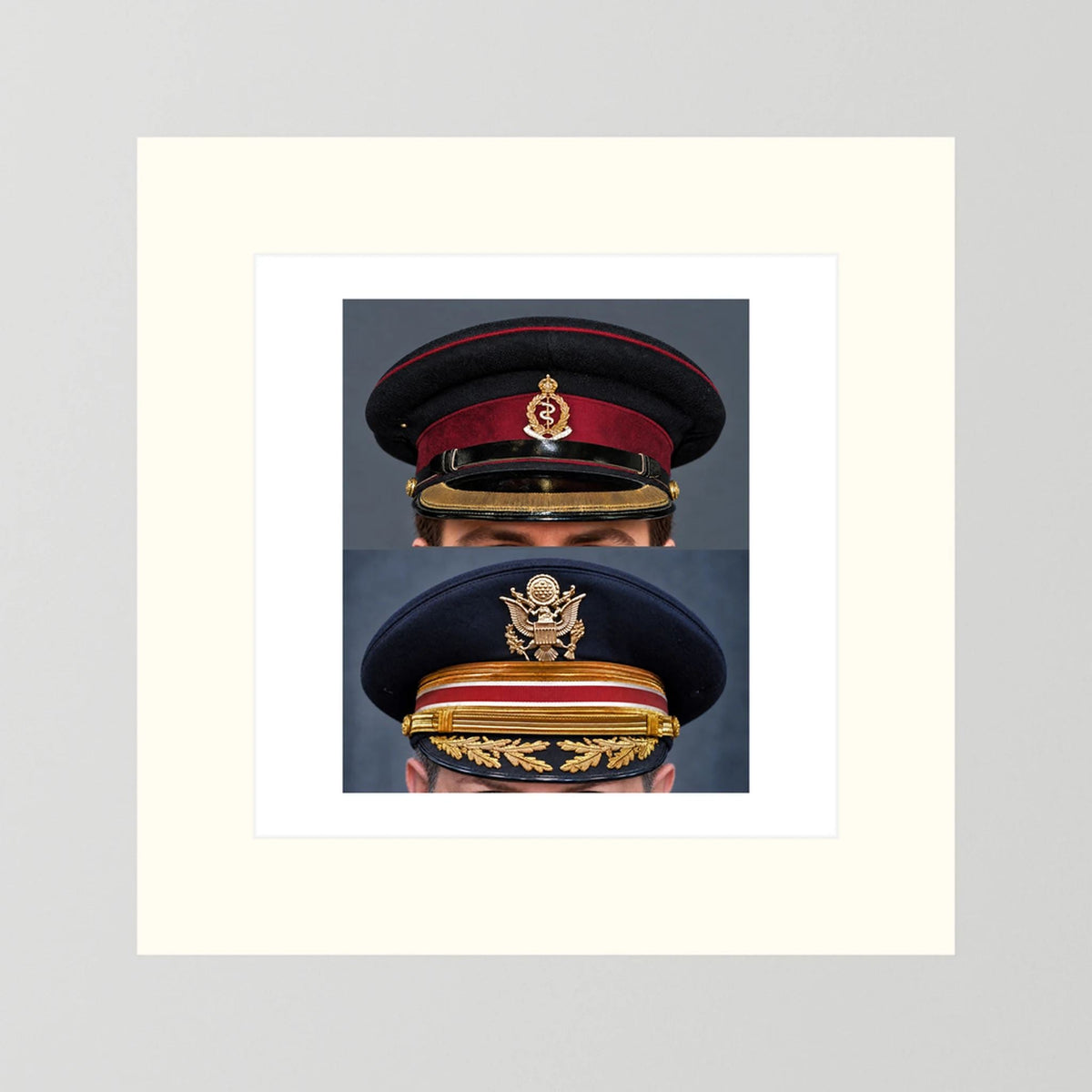 Composite image showing Royal Army Medical Corps Dress WWII and US Army Medical Department Dress Cap Post War