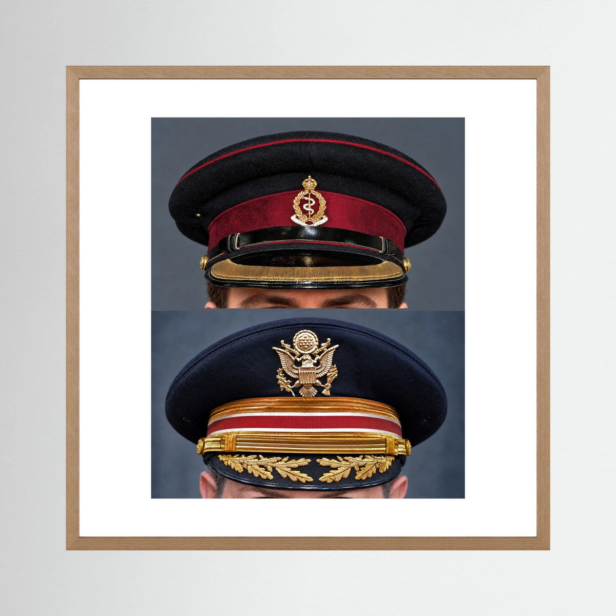 Composite image showing Royal Army Medical Corps Dress WWII and US Army Medical Department Dress Cap Post War