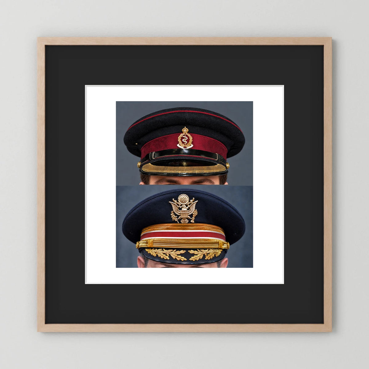 Composite image showing Royal Army Medical Corps Dress WWII and US Army Medical Department Dress Cap Post War