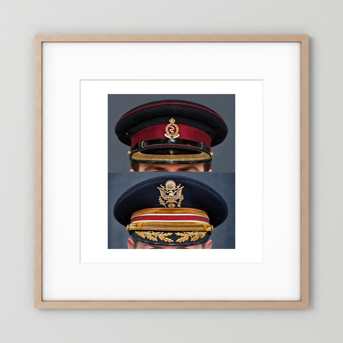 Composite image showing Royal Army Medical Corps Dress WWII and US Army Medical Department Dress Cap Post War