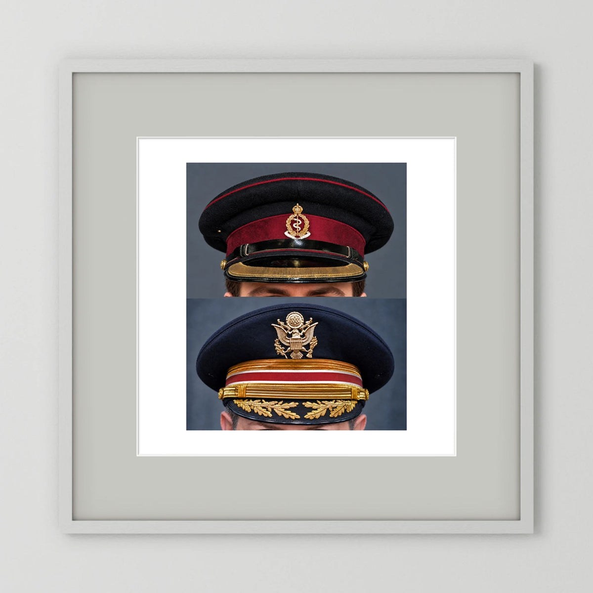 Composite image showing Royal Army Medical Corps Dress WWII and US Army Medical Department Dress Cap Post War