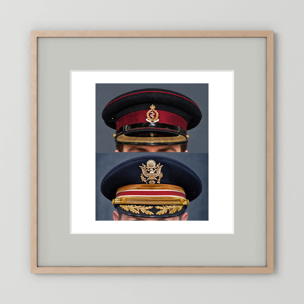 Composite image showing Royal Army Medical Corps Dress WWII and US Army Medical Department Dress Cap Post War