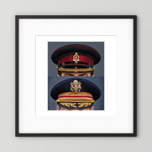 Composite image showing Royal Army Medical Corps Dress WWII and US Army Medical Department Dress Cap Post War