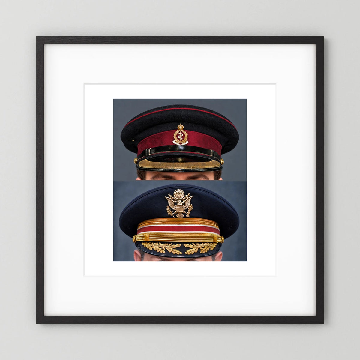 Composite image showing Royal Army Medical Corps Dress WWII and US Army Medical Department Dress Cap Post War
