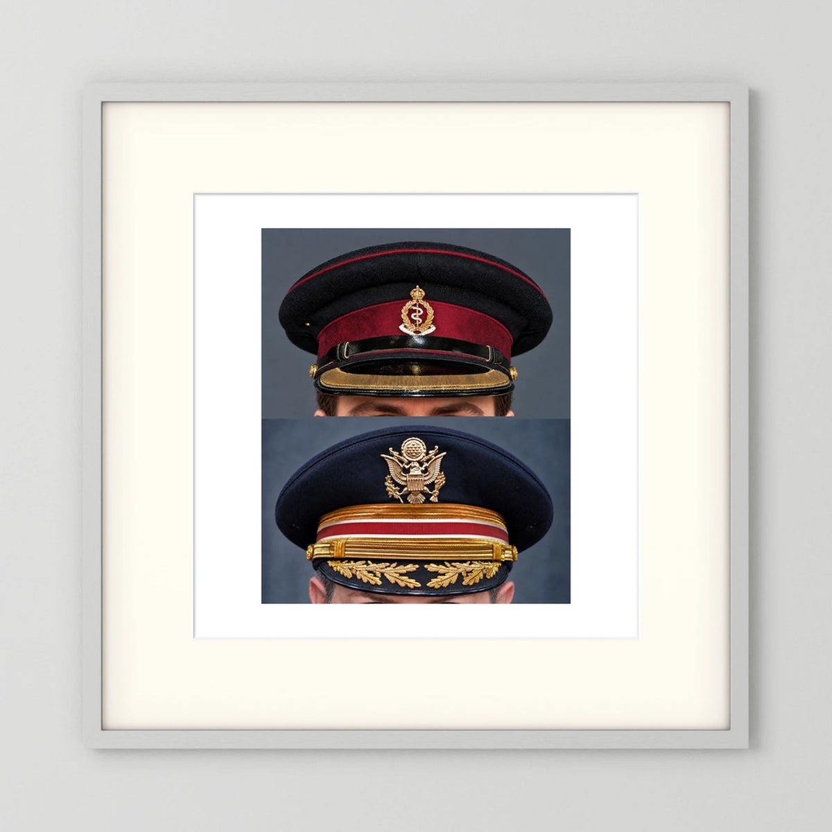 Composite image showing Royal Army Medical Corps Dress WWII and US Army Medical Department Dress Cap Post War