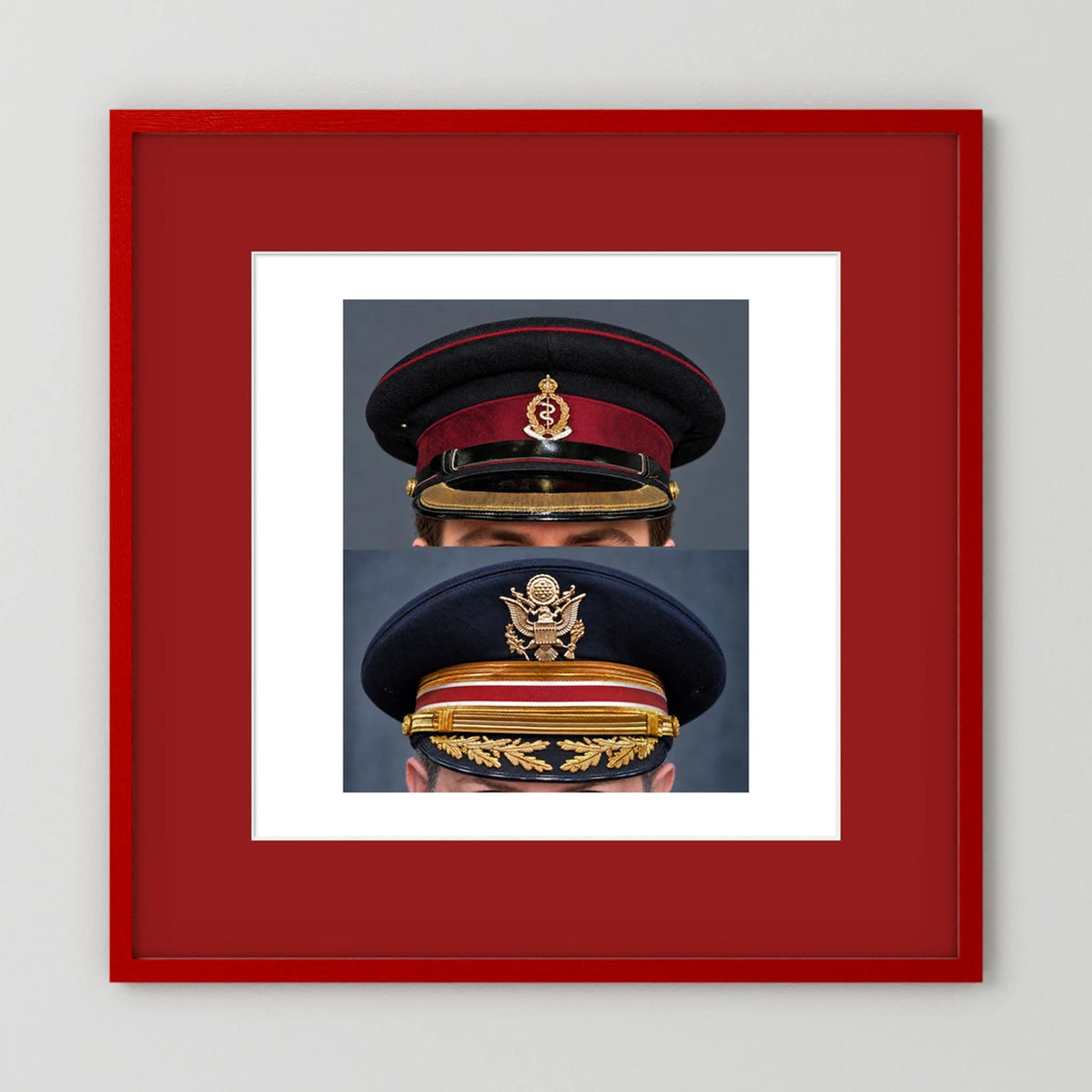 Composite image showing Royal Army Medical Corps Dress WWII and US Army Medical Department Dress Cap Post War
