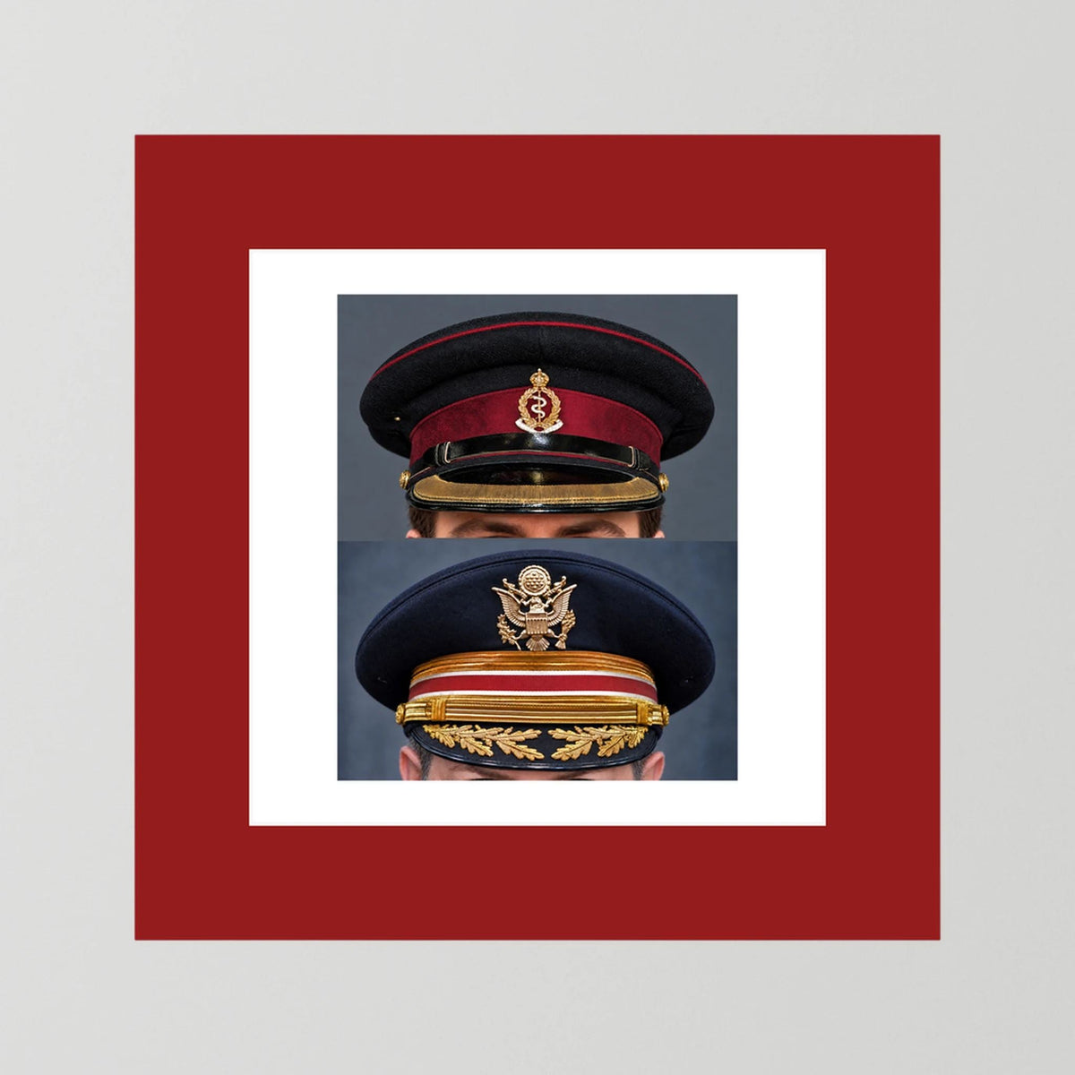 Composite image showing Royal Army Medical Corps Dress WWII and US Army Medical Department Dress Cap Post War