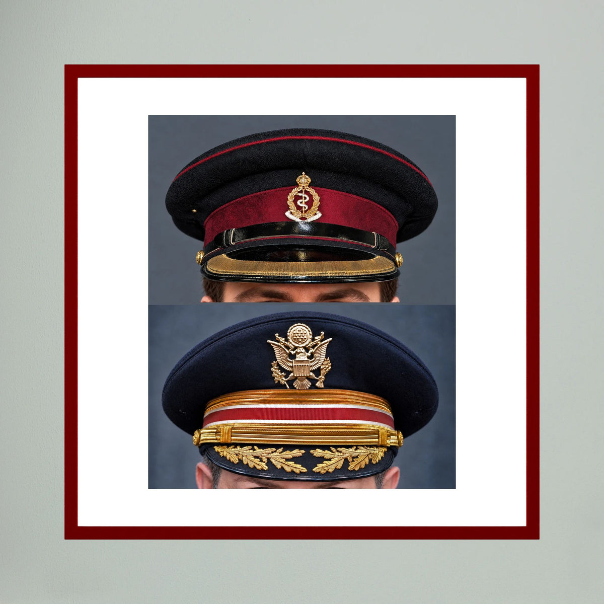 Composite image showing Royal Army Medical Corps Dress WWII and US Army Medical Department Dress Cap Post War