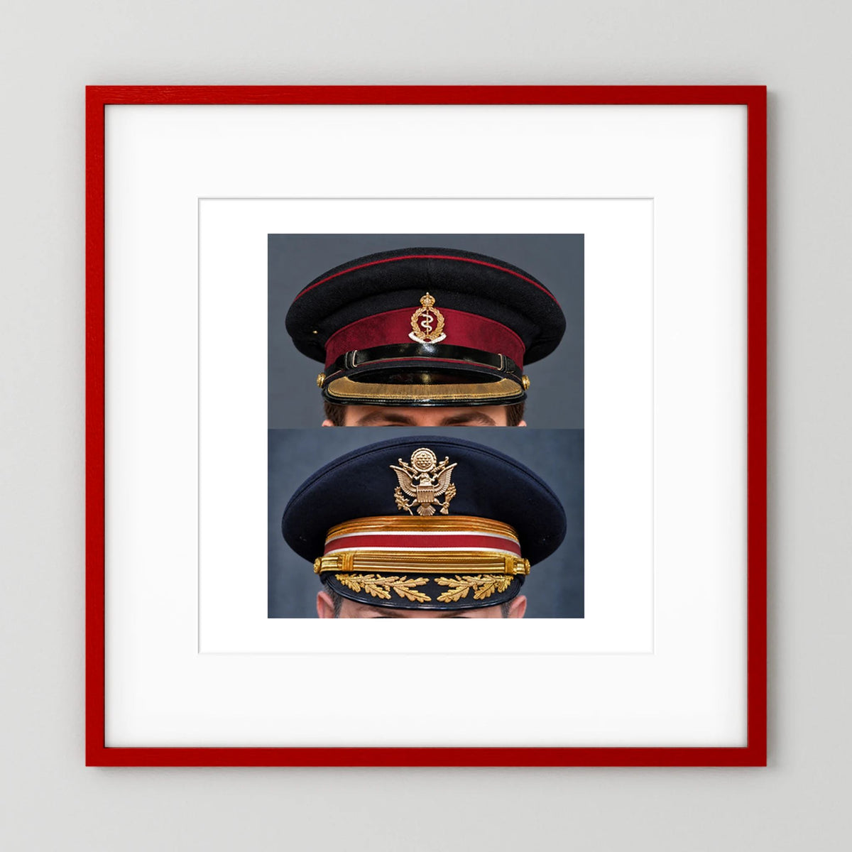 Composite image showing Royal Army Medical Corps Dress WWII and US Army Medical Department Dress Cap Post War