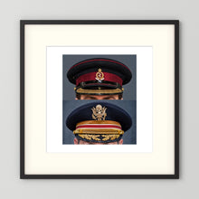 Composite image showing Royal Army Medical Corps Dress WWII and US Army Medical Department Dress Cap Post War