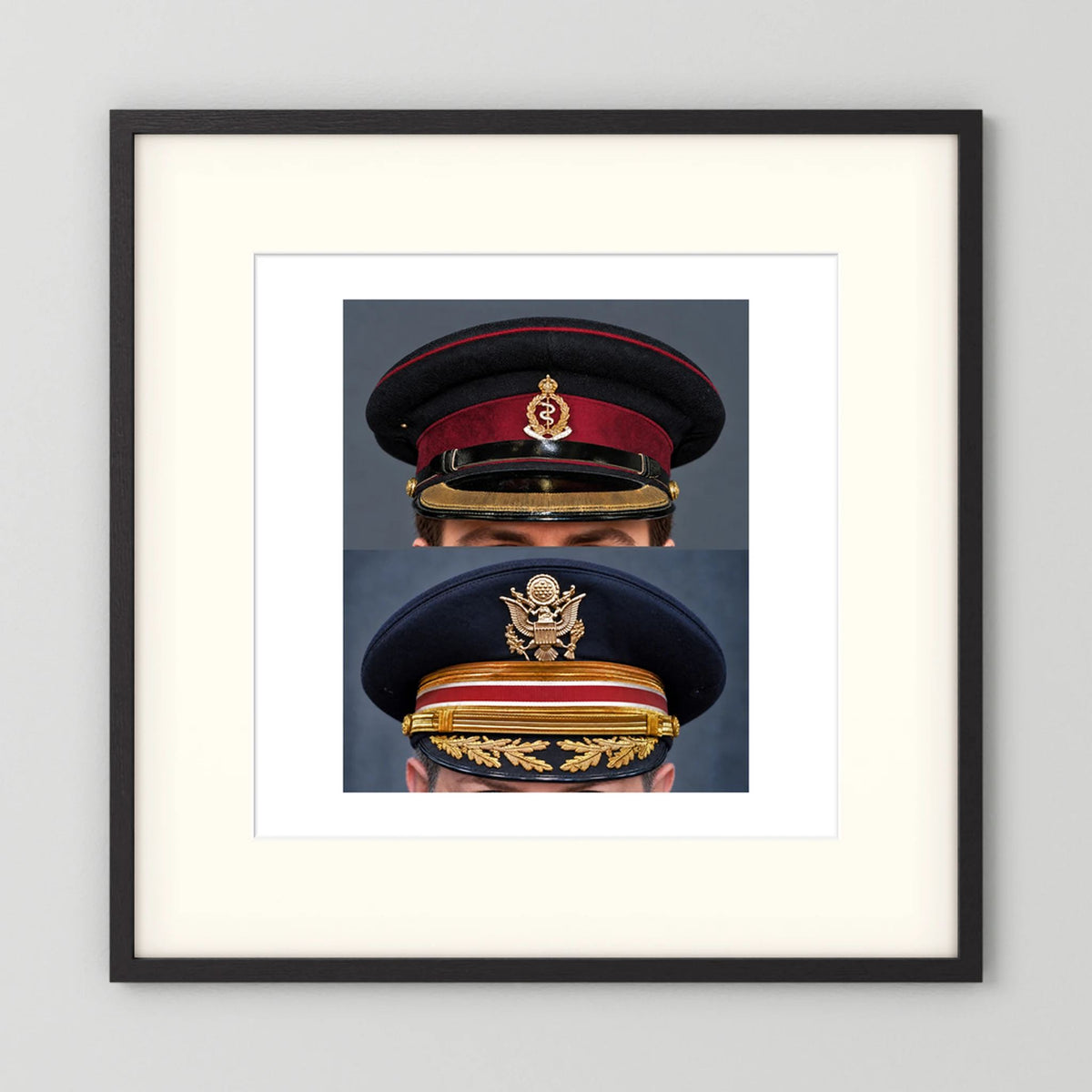 Composite image showing Royal Army Medical Corps Dress WWII and US Army Medical Department Dress Cap Post War