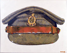 Painting of a Royal Army Medical Corps WWII officer cap with a gold corps badge and brown leather chinstrap on a white background.
