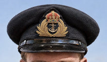 Royal Navy WW2 Officer Visor Cap, Black Top, 1930's British. named Bashful. Photograph - Art goes to War