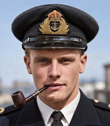 Royal Navy WW2 Officer Visor Cap, Black Top, 1930's British. named Bashful. Photograph - Art goes to War
