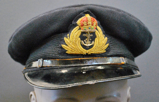 Royal Navy WW2 Officer Visor Cap, Black Top, 1930's British. named Bashful. Photograph - Art goes to War