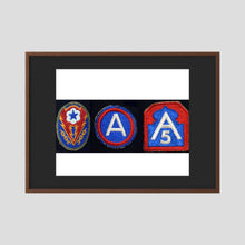 Shoulder Sleeve Insignia, US Army WW2 — composite displayed in a black wood frame mockup