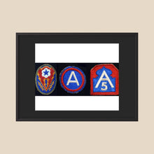 Shoulder Sleeve Insignia, US Army WW2 — composite displayed in a black wood frame mockup