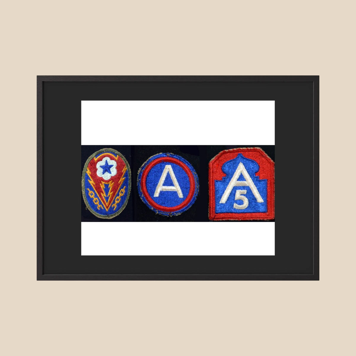 Shoulder Sleeve Insignia, US Army WW2 — composite displayed in a black wood frame mockup