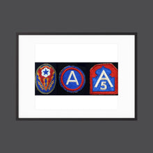Shoulder Sleeve Insignia, US Army WW2 — composite displayed in a black wood frame mockup