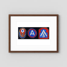 Shoulder Sleeve Insignia, US Army WW2 — composite displayed in a black wood frame mockup