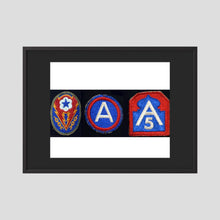 Shoulder Sleeve Insignia, US Army WW2 — composite displayed in a black wood frame mockup