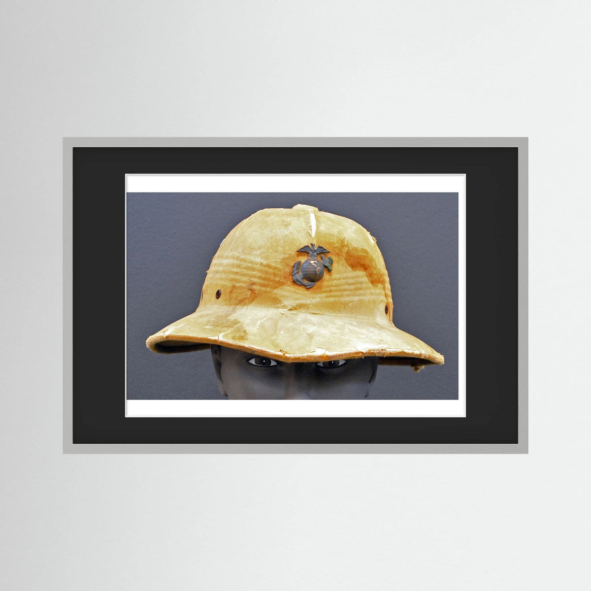 Sun Helmet, USMC, World War Two — photograph displayed in a black wood frame mockup