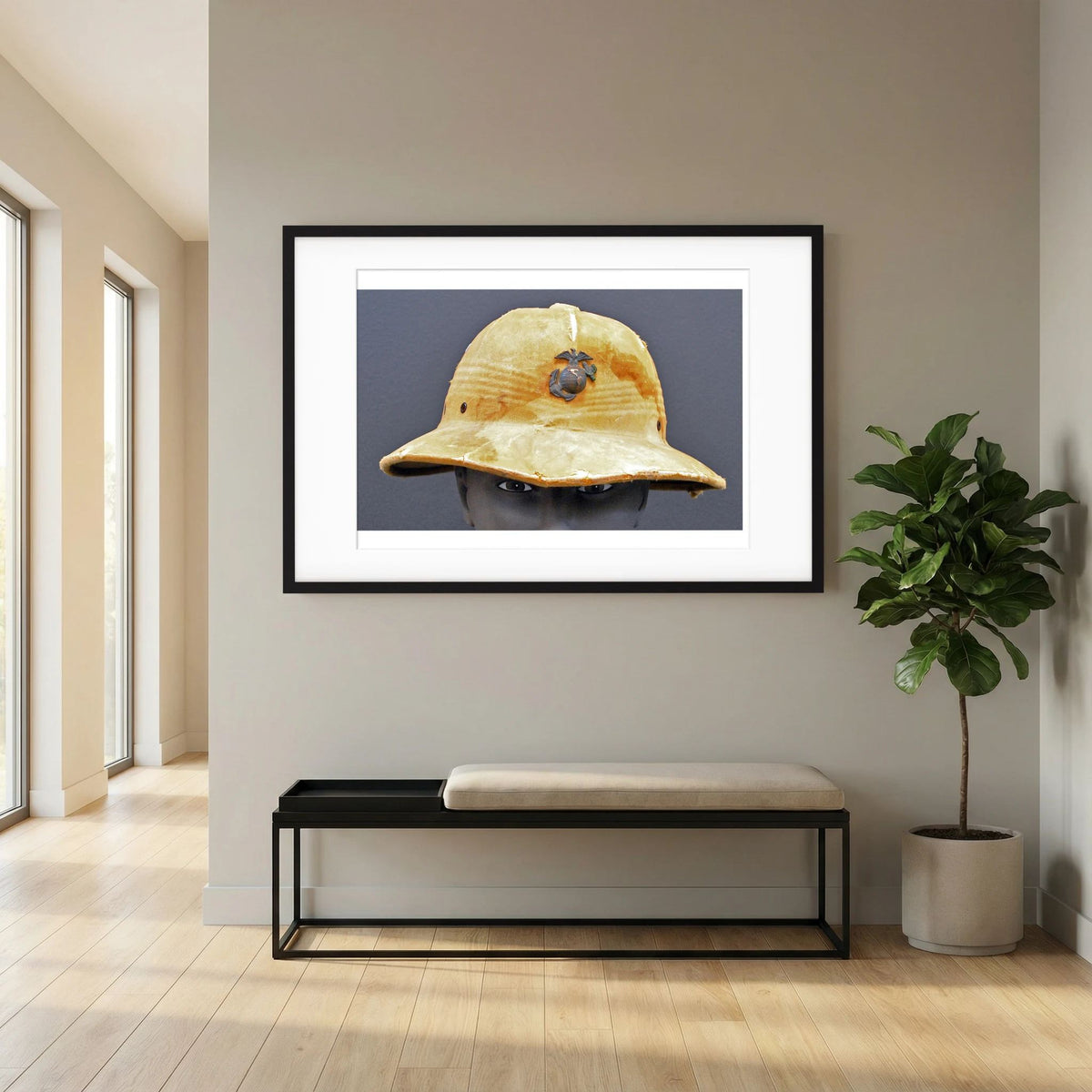 Sun Helmet, USMC, World War Two — photograph displayed in a black wood frame mockup