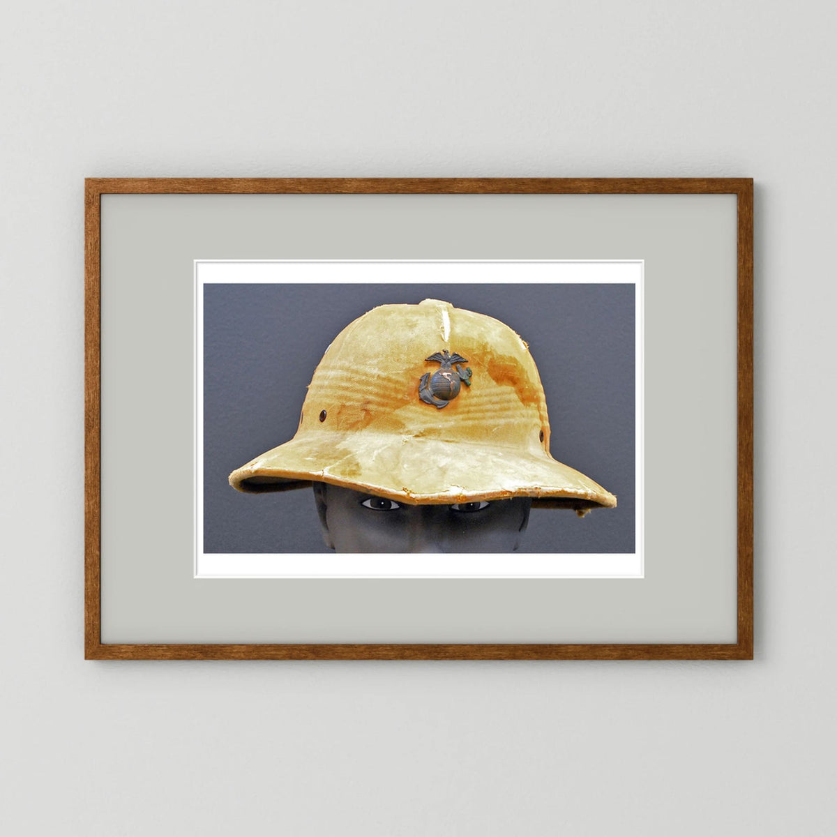 Sun Helmet, USMC, World War Two — photograph displayed in a black wood frame mockup