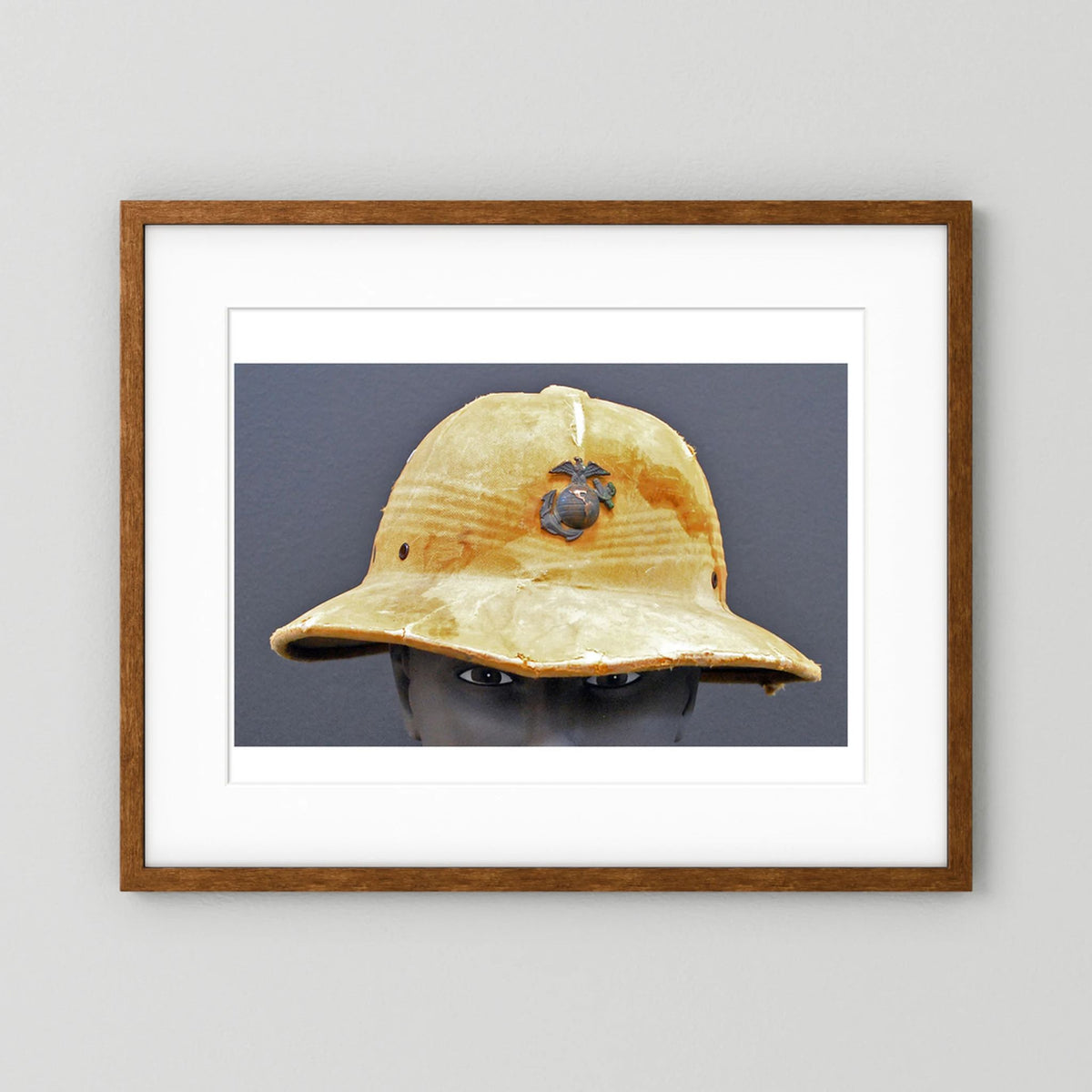 Sun Helmet, USMC, World War Two — photograph displayed in a black wood frame mockup