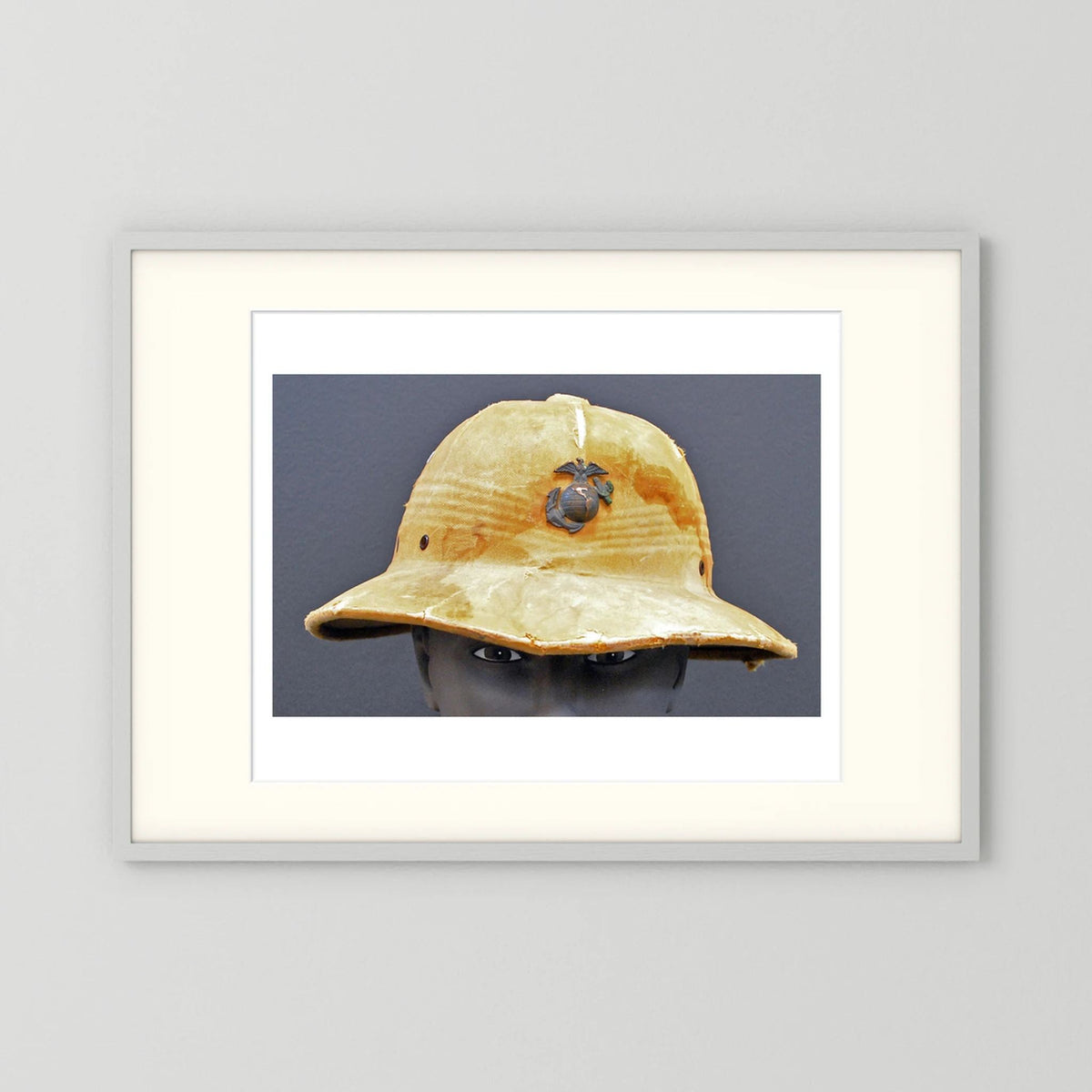 Sun Helmet, USMC, World War Two — photograph displayed in a black wood frame mockup