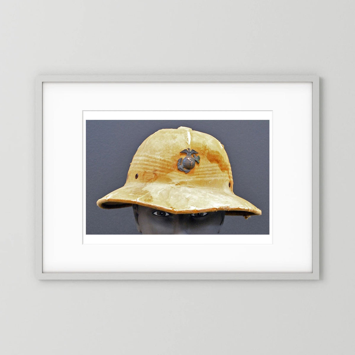 Sun Helmet, USMC, World War Two — photograph displayed in a black wood frame mockup