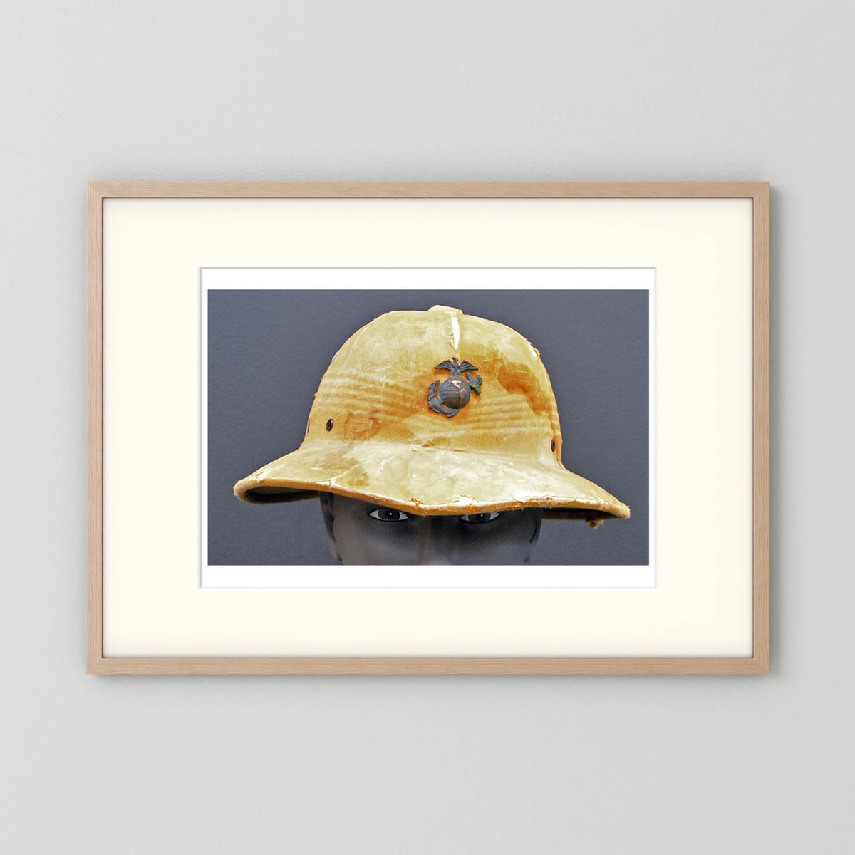 Sun Helmet, USMC, World War Two — photograph displayed in a black wood frame mockup