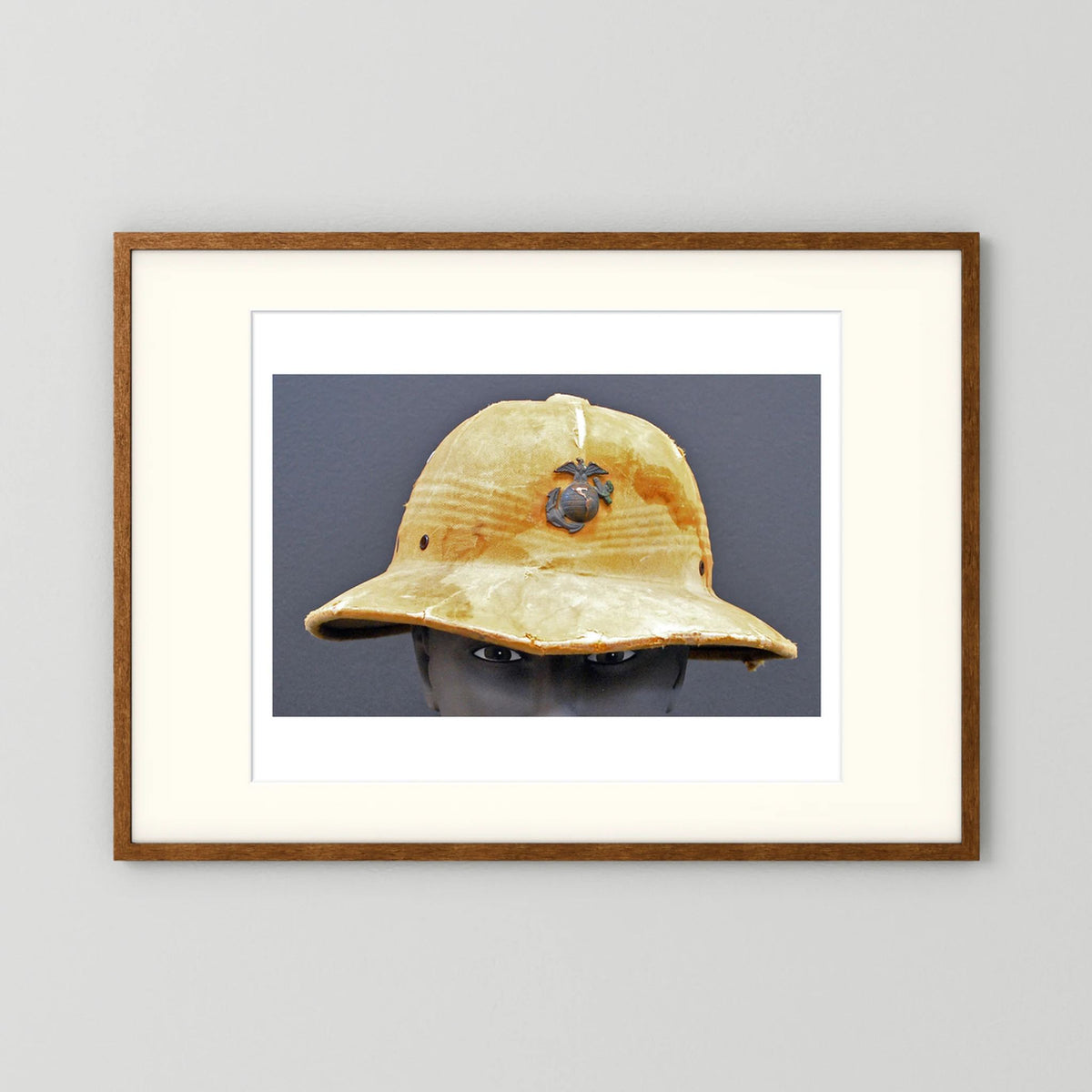 Sun Helmet, USMC, World War Two — photograph displayed in a black wood frame mockup