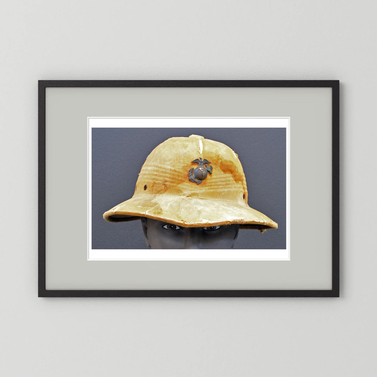 Sun Helmet, USMC, World War Two — photograph displayed in a black wood frame mockup