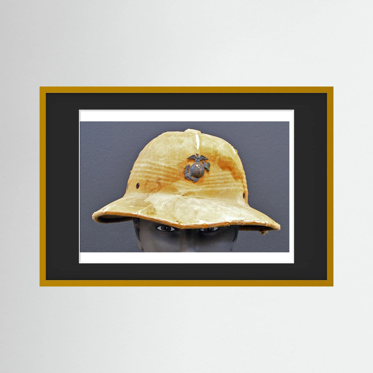 Sun Helmet, USMC, World War Two — photograph displayed in a black wood frame mockup